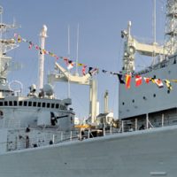 HMCS Algonquin is all dressed for 50th anniversary of the National Flag of Canada.