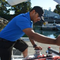 NCdt Marc Mahadeo takes his turn cranking the winch on board STV Goldcrest.