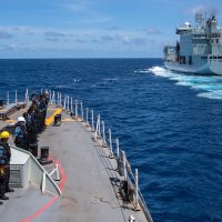 HMCS Regina and NRU Asterix conduct a Replenishment at Sea during Operation Projection in the Indian Ocean. Photo by Cpl Stuart Evans, BORDEN Imaging Services