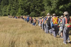 A long line of Air Cadets, 60 in total, made their way into East Sooke Regional Park on Aug. 9 to remove Daphne Laurel and other invasive plants.