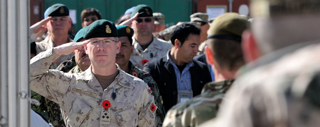 Lieutenant-General Stuart Beare, Commander of Canadian Joint Operation Command, salutes on the final Remembrance Day held by Canadian soldiers in Afghanistan on November 11, 2013.