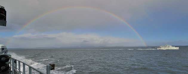 Rainbow appears as Orcas sail