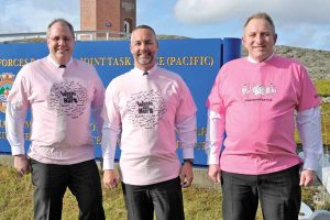 RAdm Truelove, CPO1 Helston and Capt(N) Knippel show support for Pink Shirt Day