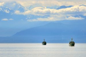 HMC Ships  Nanaimo and Whitehorse approach Esquimalt Harbour.
