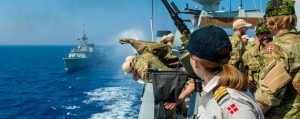 HDMS ESBERN SNARE sails past HMCS Regina during Operation REASSURANCE on June 12, 2014 in the Mediterranean Sea.