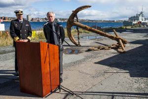 Director of the Naval Museum of Halifax, Richard Sanderson, and RAdm John F. Newton, Commander Joint Task Force Atlantic and Maritime Force Atlantic, make a media announcement about the discovery of a historic anchor.