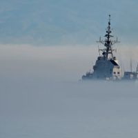 ="HMCS Toronto in the mists"