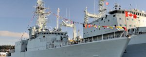 ="HMCS, Algonquin, dressed, 50th, anniversary, National, Flag, Canada."
