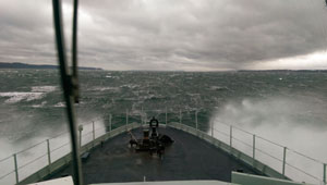 forward deck of ship in rough seas