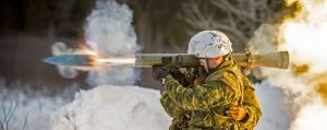 Sapper Mathieu Riva Maille (front) fired a round from an 84mm Carl Gustaf anti-tank recoilless rifle during Exercise Rafale Blanche in Valcartier, Quebec Feb. 4.