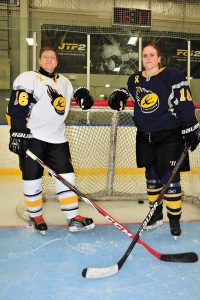 Peter Mallet, Lookout Defenceman MCpl Anita Kwasnicki (left) and MCpl Joanne Lyster at the Wurtele Arena before heading to Nationals. The Lady Tritons played in the Canadian Armed Forces Women’s National Hockey Championships at CFB Borden, March 20 to 24.