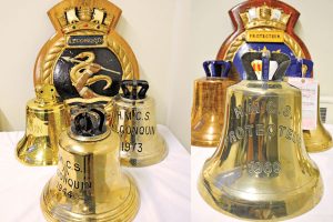 Ships' bells from the two former HMCS (Her Majesty's Class Ships) the Protecteur and the Algonquin. 