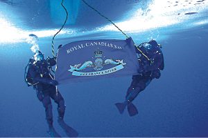 Members of Fleet Diving Unit (Pacific) show the flag underneath the ice as part of ICE EX 2016.