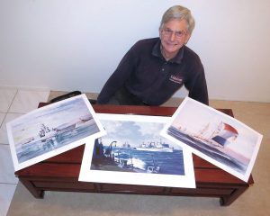 Artist John Horton displays unsigned prints of former HMCS Algonquin, former HMCS Protecteur and HMCS Oriole in his Vancouver home. Horton will be selling his prints at the Maritime Museum of B.C.’s garage sale on April 23.