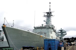 HMCS Algonquin underwent the disposal process at Dockyard’s C Jetty on Feb. 1.  Photo by Peter Mallett, Lookout