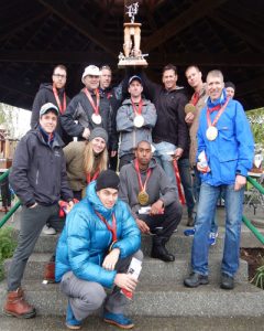 Members of the base’s Joint Patrol 2 show off their gold medals after a first place finish in the military category and 11th overall in the Snow to Surf Adventure Relay Race in the Comox Valley, April 23 and 24.  MARPAC’s team posted a total time of 4:14:30 with each of its 11-member team participating in a different event: LCdr Rick Kappel (uphill sprint and downhill skiing), Lt(N) Landon Zeeman (snowshoeing), Capt Benoit Godin (nordic skiing), MS Matt Walsh (running), Cpl Dan Jacklin (running), LCdr David Dallin (mountain biking), Capt Scott Macdonald (kayak), Lt(N) Will Corbett (road cycling), LCdr Kat Logan and Cpl Joe Michel (canoeing).