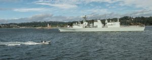 HMCS CALGARY sails by Duntz Head on its way to RIM Pacific Exercise followed by a WESTPLOY Exercise on June 13. Photo by Cpl Brent Kenny, MARPAC Imaging Services