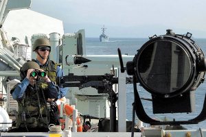 Polish Navy frigate ORP Gen. Kociuszko follows astern of HMCS Charlottetown in the Black Sea. Photo by Cpl Blaine Sewell, DND