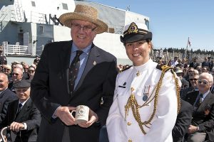 Vice Admiral (Retired) Gary Garnett was presented a long lost cup from his former command, HMCS Kootney by Lieutenant (N) Malorie Aubrey, Aide-de-Camp to the Commander Maritime Forces Pacific/ Joint Task Force (Pacific) during the recent Change of Command Ceremony on July 22. Photo by LS Ogle Henry, MARPAC Imaging Services