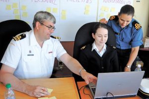 LCdr Angus Fedoruk, Lt(N) Justine Aucoin, and Lt(N) Sonya Sowa, review their Lessons Learned notes on Operation Staunch Maple. Photo by Peter Mallett, Lookout Newspaper