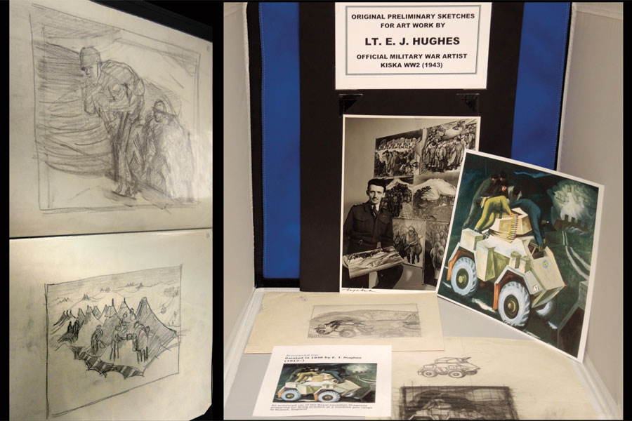 A display of E.J Hughes sketches and the finished painting entitled Armoured Car, painted in 1946, are on display at the Ashton Armoury Museum.  Hughes was a Second World War artist and the painting pictured above shows an armoured car receiving maintenance by a Royal Canadian Dragoons’ member. Photos by Jazz Campbell