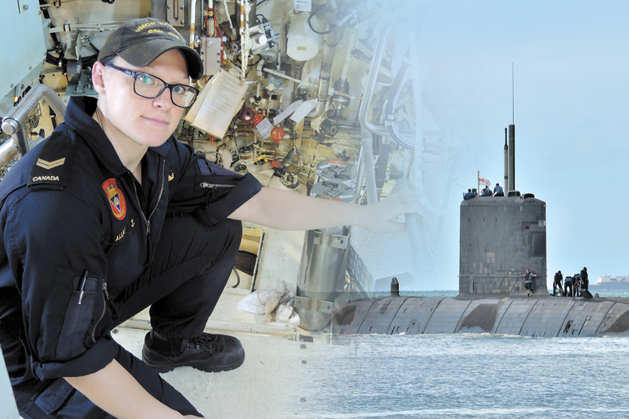 Submariner LS Laura Allan checks some wiring aboard HMCS Victoria.