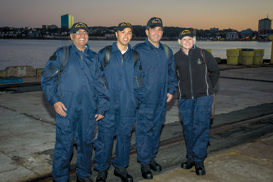 Members of Parliament Chandra Arya, Marwan Tabbara, Pierre Paul-Hus, and Cheryl Gallant suit up for their Canadian Leaders at Sea program at Canadian Forces Base Halifax on Oct. 11. Photo by MCpl Alexandre Pacquin