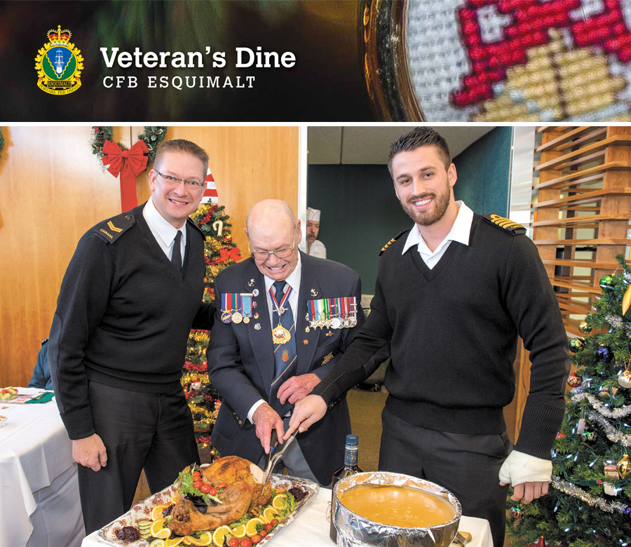 LS Steven Waddell (left), better known as Captain (Navy) and Base Commander, and Capt(N) Michael Fortin (right), Base Commander for the Day, with retired military member Bill Emberly as he carves the ceremonial turkey during the CFB Esquimalt Veteran’s Dine with Service Personnel Yuletide Luncheon, Nelles Block Galley. Photos by MCpl Brent Kenny, MARPAC Imaging Services