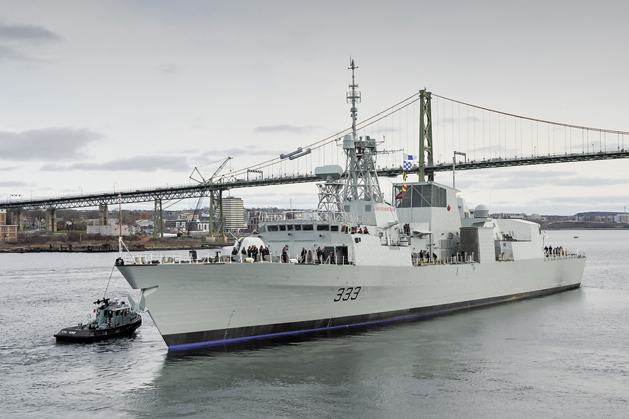 HMCS Toronto pushes off from Irving Shipyard after the ship’s ceremonial return to the fleet on Nov. 29 in Halifax, Nova Scotia. Photo by OS Paul Green, Formation Imaging Services, Halifax, Nova Scotia