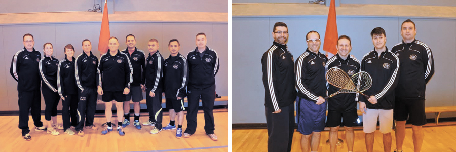 Competitors in the Canadian Forces Pacific Region Badminton qualifier (left) and the Pacific Region Squash qualifier (right) gather for team photos upon completion of their matches at Naden Athletic Centre. Photo credit PSP Staff
