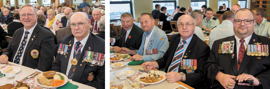 Left photo: Retired military member Bill Emberly (right) and Robert Marshall (left) (retired fire chief) enjoy the festive meal together. Right photo: Retired military members Harry Miller (left), Gerry Lee (center left), Ed Widenmaier (center right), and Jim MacMillan enjoy the turkey dinner.
