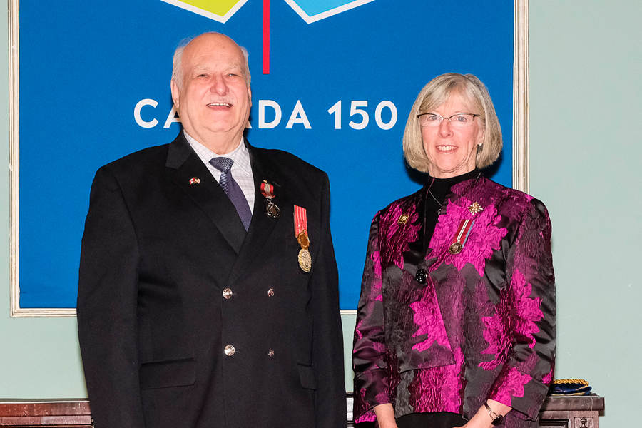 MWO (Ret’d) Bart Armstrong with British Columbia Lieutenant Governor Judith Guichon during a presentation of the Sovereign’s Medal for Volunteers at Government House, Jan. 5. Photo: Don Craig, Government House