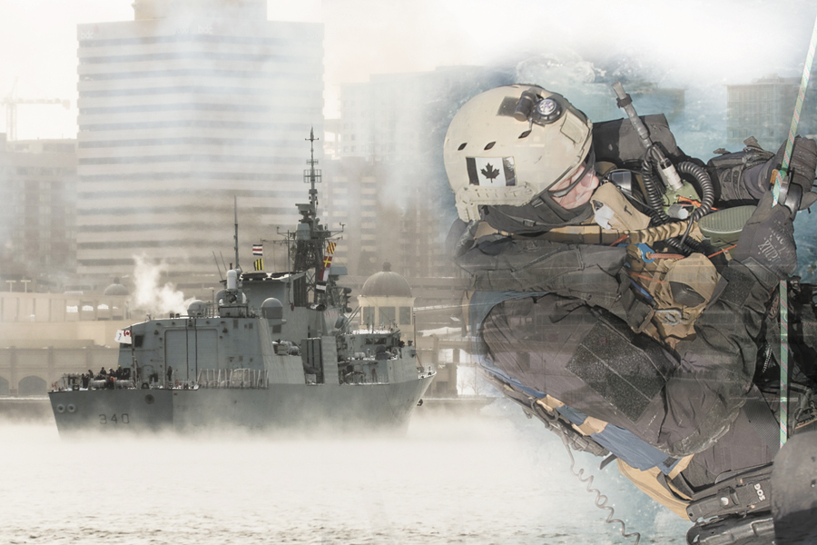 HMCS St. John’s sails out of Halifax Harbour on the morning of Jan. 9 to begin an extended deployment to the Mediterranean in support of Operation Reassurance (Photo LS Peter Frew/FIS Halifax). A member of the Maritime Tactical Operations Group repels off HMCS St. John’s as the ship transits across the Atlantic Ocean to participate in Operation Reassurance (Photo by LS Ogle Henry, Formation Imaging Services).