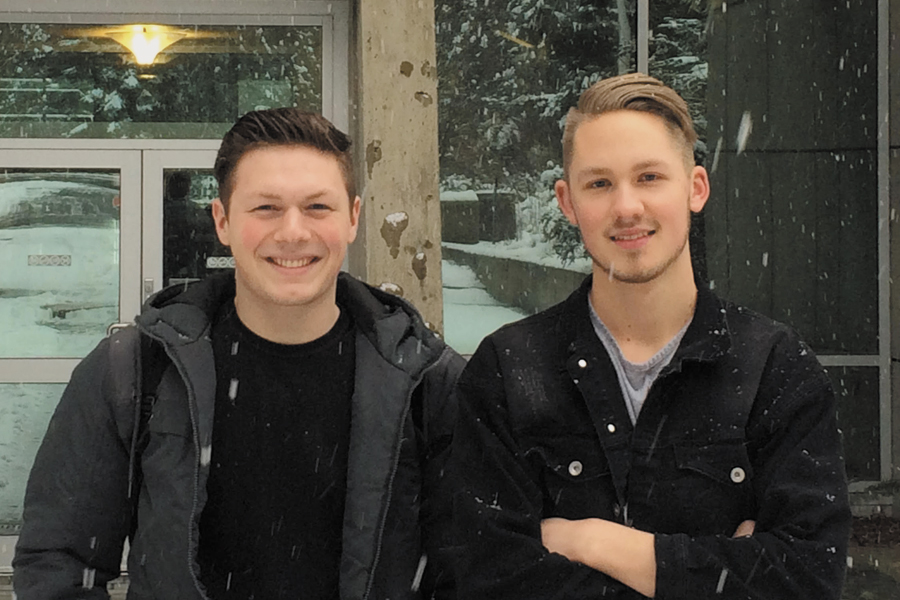 University of Victoria engineering students Alex McKay (left) and Nicholas Saar developed pre-fire plans for CFB Esquimalt Fire Rescue. During their four- month work study project they developed PDF maps of high traffic buildings at the base in an effort to help first responders quickly identfy the features in the buidlings they are entering.