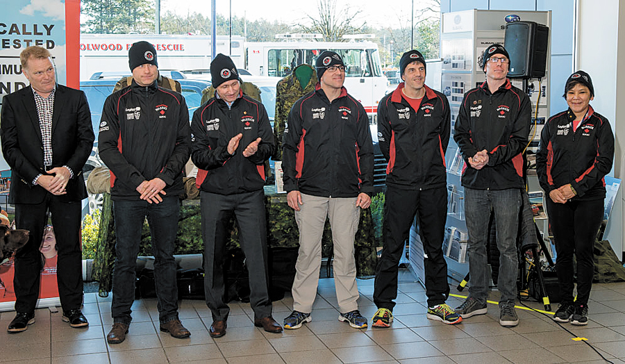 Wearing their uniforms, participants in this year's Wounded Warrior Run B.C. gather at Jim Pattison Subaru in Colwood to kick-off the fundraising campaign. Photo by John W. Penner, John's Photography