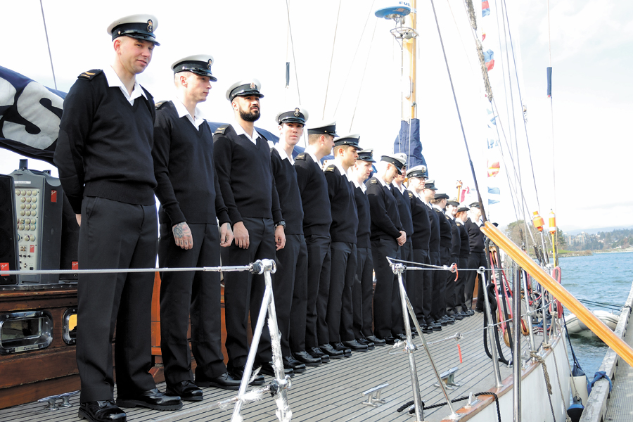 The crew of HMCS Oriole participated in a Pre-Deployment Ceremony at Ship Point in Victoria’s Inner Harbour on March 10. Photo by Peter Mallett, Lookout