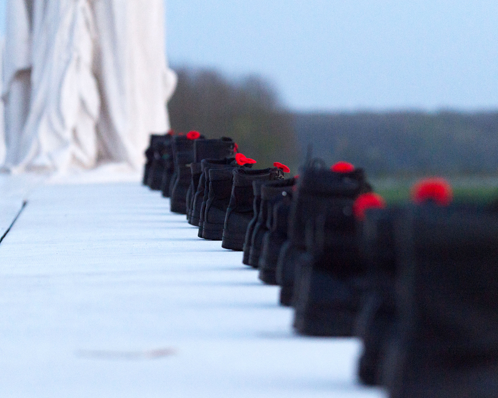 Empty boots placed on the Canadian National Vimy Memorial on April 7, 2017, represent the 3,598 soldiers that died at Vimy, France, in preparation for the 100th anniversary of the battle. Photo by MCpl Jennifer Kusche, CF Combat Camera