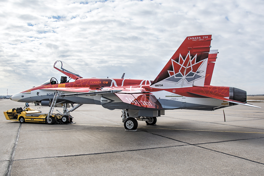 The 2017 CF-188 Hornet aircraft Demonstration Jet during its official unveiling at Hangar 7, 4 Wing Cold Lake, Alberta, April 4. Photo by Corporal Bryan Carter, 4 Wing