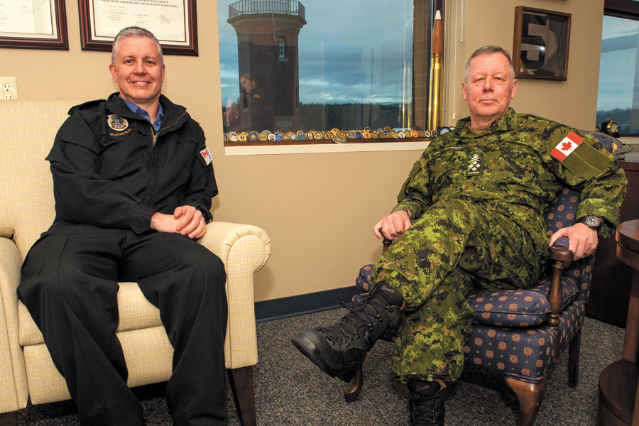 General Jon Vance (right), Chief of the Defence Staff, and Rear-Admiral Art McDonald (left), Commander Maritime Forces Pacific, take a moment for a quick photo Monday, March 27 in the Admiral’s office. Photo by Cpl Blaine Sewell, Formation Imaging Esquimalt