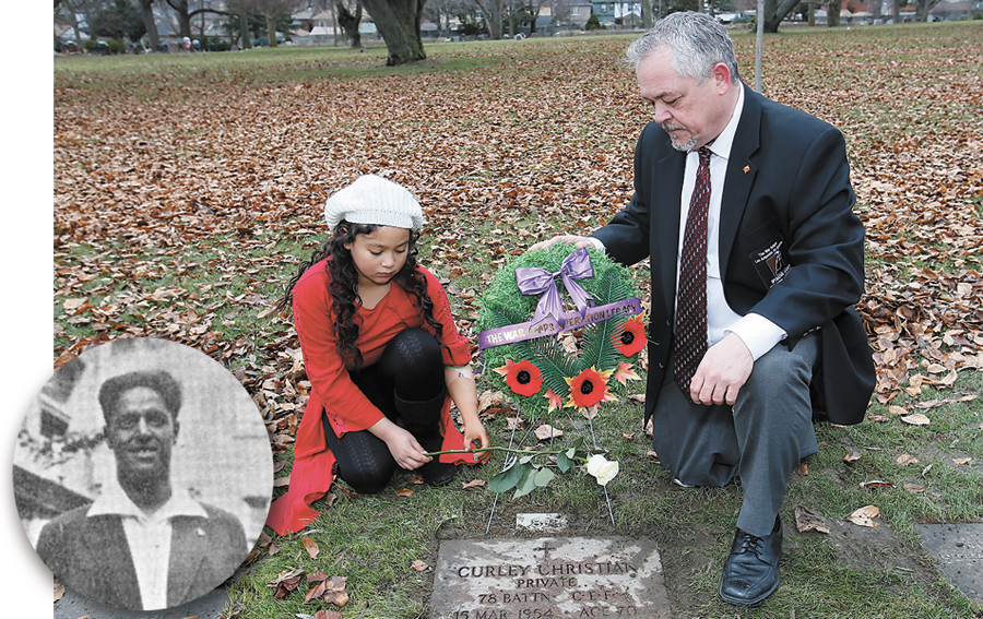 Rob Larman and Tiffany Ross lay a rose at the grave of Curley Christian (inset) to mark the 100th anniversary of the Battle of Vimy Ridge, and pay tribute to the war amputee veterans who started The War Amps.