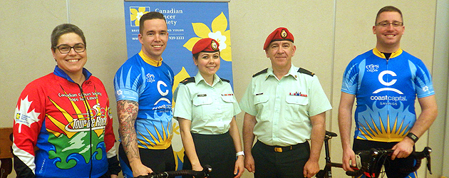 LS Noye, rider for 2016 Tour de Rock; Cpl Best, MPU Esquimalt; Maj Clark,  Commanding Officer MPU Esquimalt, MWO Card, Sergeant-Major MPU Esquimalt, and Cpl Yeon, 12 MP Flight CFB Comox.