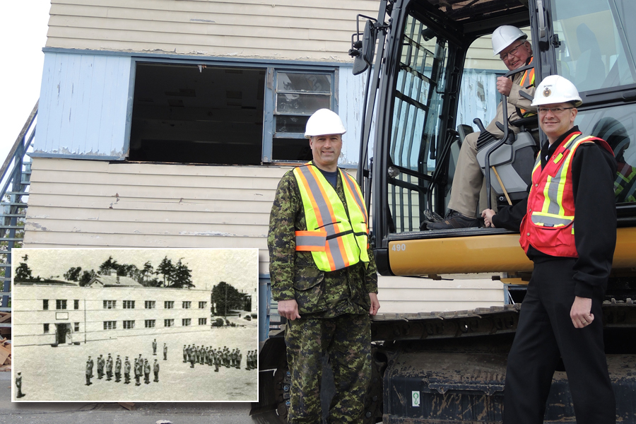 Left to Right: Major Mark Kierstead, Commanding Officer of Real Property Operations (Pacific), Maj (Ret’d) Ed Vishek, and Base Commander Capt(N) Steve Waddell break ground on the demolition project of Dockyard Building 11.