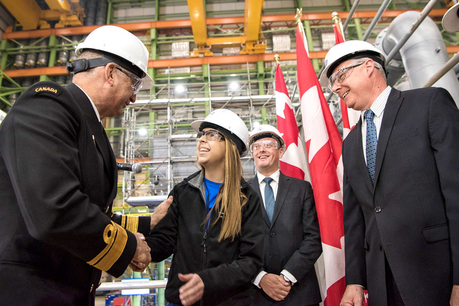 The traditional keel-laying for the future HMCS Margaret Brooke was held at Irving’s Halifax Shipyard in Halifax, Nova Scotia, where a coin was placed on the ship’s keel by Olivia Strowbridge, the first woman in a trade supervisory role in the shipyard and its first female certified ship spray painter. In shipbuilding tradition, the coin will remain within the ship’s structure for its entire life and will invite good luck to the vessel and crew throughout its service. Photos by Mona Ghiz, MARLANT PA