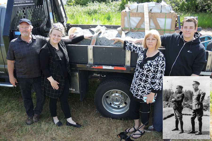 Carol and Scott Lee and their children Kristen and Graham with a historical survey marker that will be transformed into a headstone for a distant relative. Photo by Peter Mallett, Lookout. Bottom right: Colonel Josiah Greenwood Holmes (right) with Major James Peters at Work Point in 1909.