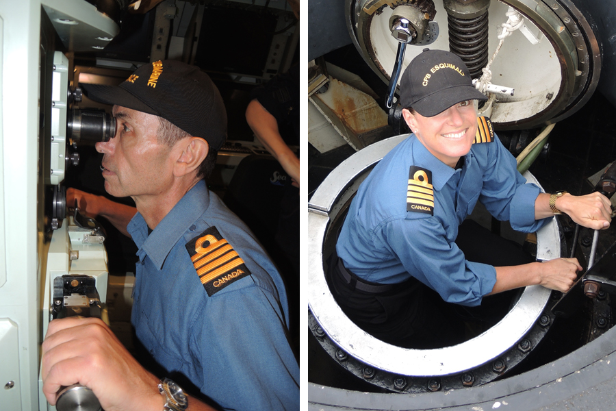 Left: Honorary Captain (Navy) David Labistour scopes out dockyard through the submarine’s periscope. Right: Honorary Captain (Navy) Mandy Farmer climbs down the ladder into a Victoria-Class submarine to check out the living and working space within the boat. Photos by Peter Mallett, Lookout Newspaper