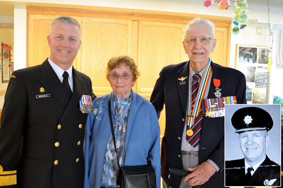 RAdm Art McDonald personally awarded the Legion of Honour Medal to Frank Poole with wife Melodie was by his side. Inset: Frank Poole’s portrait taken during his military career.