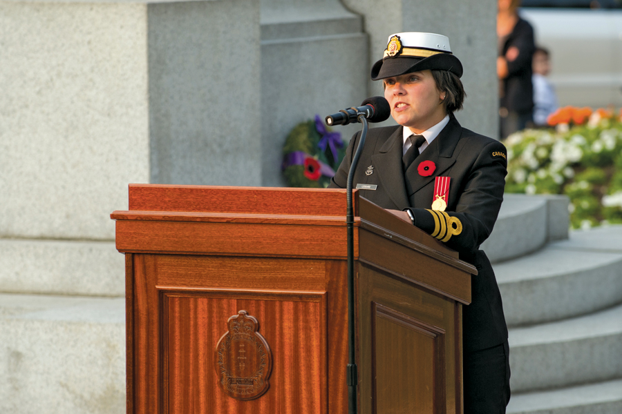 Cdr Jeanne Lessard, Base Administration Officer, addresses the crowd. Photos by LS Valerie LeClair, MARPAC Imaging Services