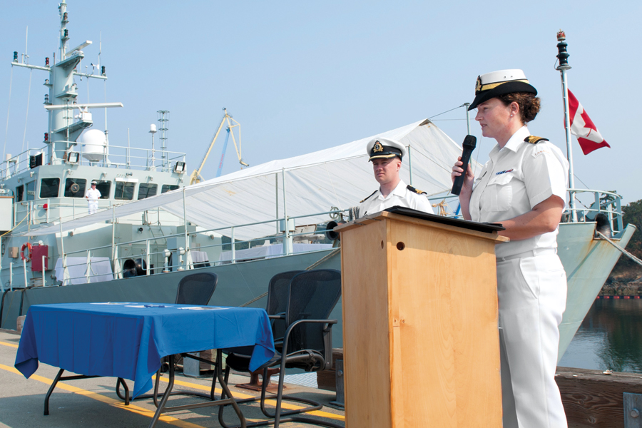Incoming Commanding Officer, Lieutenant-Commander Kristina Gray addresses sailors and guests.