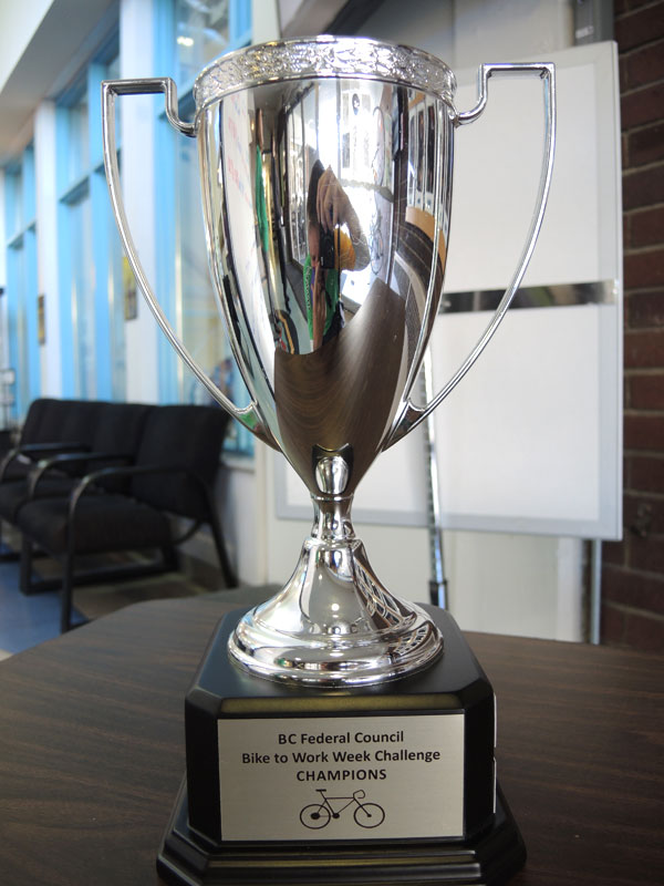 The newly created Bike To Work Week Trophy on display before a trophy presentation at the Naden Athletic Centre. Photo by Peter Mallett, Lookout Newspaper