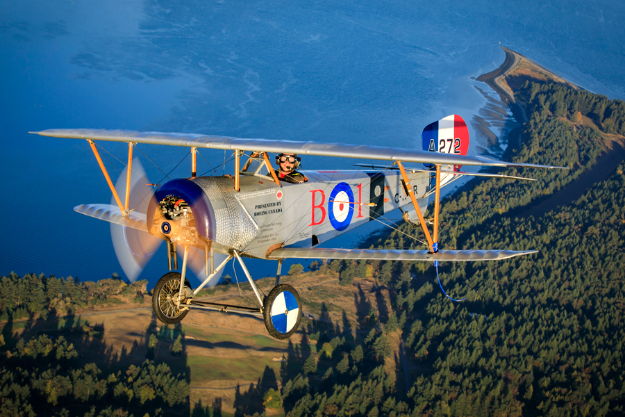 Canadian pilot Larry Ricker soars high above the Saanich Peninsula during an Oct. 13 flight demonstration for the Vimy Flight: Birth of A Nation tour. Credit: Heath Moffatt Photography